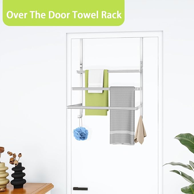 Over The Door Towel Racks for Bathroom, Over The Door Towel Rack, Towel Rack with Hooks for Door Hanging, Towel Bar Over The Door Towel Holder 16Inch, Brushed Nickel