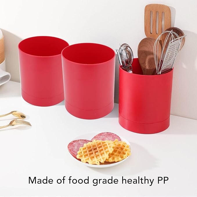 Cyrank Utensil Holder, 360° Rotating Utensil Holder for Kitchen Counter Flatware Caddy Cooking Silverware Storage Organizer for Spoon Spatula, 6.5x5.7 Inch (Red)
