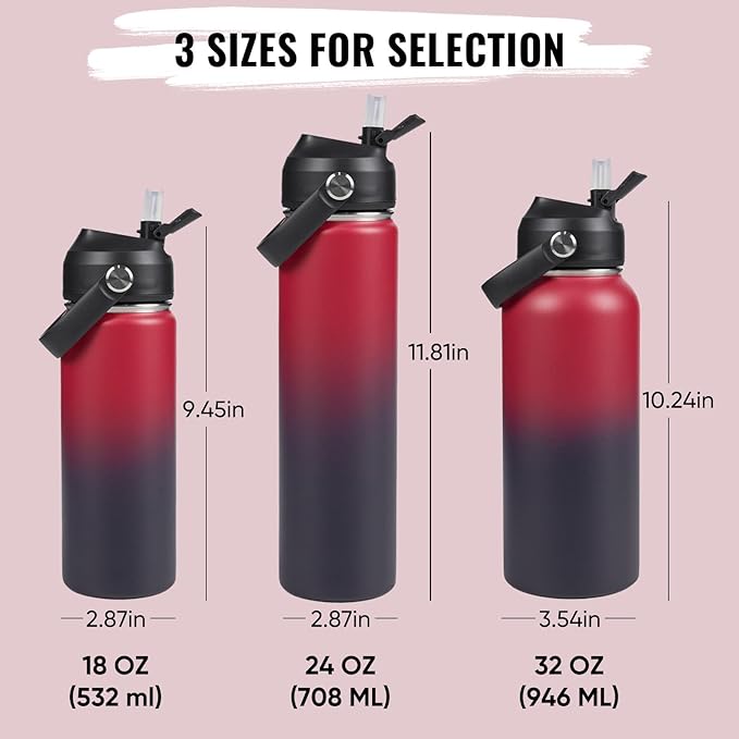 18oz Insulated Stainless Steel Water Bottle, Wide Mouth Double Wall Vacuum, Silicone Straw, Sweat & Leak Proof, BPA Free Insulated Water Flask for Travel, Keep Cold 24h Hot 12h, Red