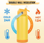 24oz Insulated Stainless Steel Water Bottle, Wide Mouth Double Wall Vacuum, Silicone Straw, Sweat & Leak Proof, BPA Free Insulated Water Flask for Travel, Keep Cold 24h Hot 12h, Lemon