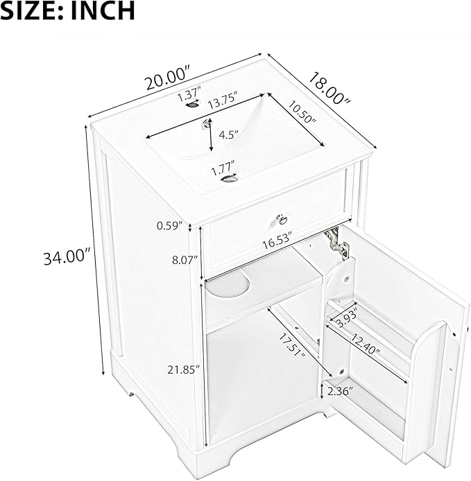 20 in Small Bathroom Vanity with Sink,Soft Closing Door and Adjustable Shelf, Solid Wood Frame & MDF Modern Single Bathroom Sink Cabinet,Freestanding (Grey)
