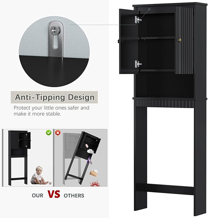 Over The Toilet Storage Cabinet, Over The Toilet Storage with Fluted Door Over The Toilet Cabinet with Adjustable Shelf Above The Toilet Storage Cabinet for Bathroom Organizer, Black