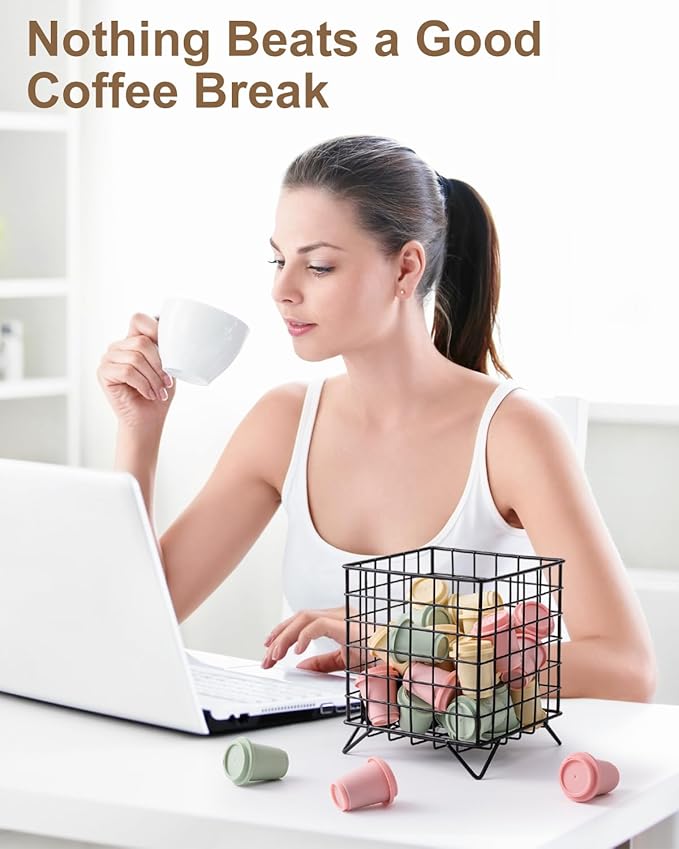 FantasyLife K Cup Holder Organizer, 5.3" x 5.3" x 6.3" Coffee Pod Storage Basket, Coffee Bar Accessories Metal Basket, Large Capacity Countertop Organizer for Kitchen Counter & Office Desktop (Black)