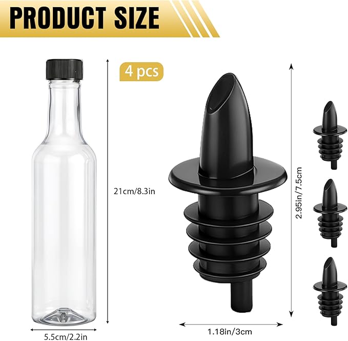 Tioncy 4 Sets 10 oz Plastic Liquor Bottles with Pourers Sets 4 Plastic Long Neck Syrup Bottles with Pourer and Caps Reusable Leakproof for Home Party Bar(Black)