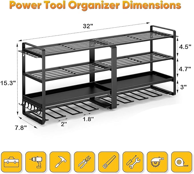 32" W Large Power Tool Organizer Wall Mount, 4 Tiers Heavy Duty Metal Garage Storage Racks, Drill Hanger Storage Rack with 8 Drills Holder, Utility Racks for Garage Workshop