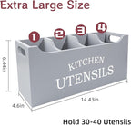 Kitchen Utensil Holder with Drainage Bottom, Extra Large 4 Compartments Solid Real Wood Utensil Organizer for Kitchen Counter, Farmhouse Cooking Tools Storage for Countertop, Grey