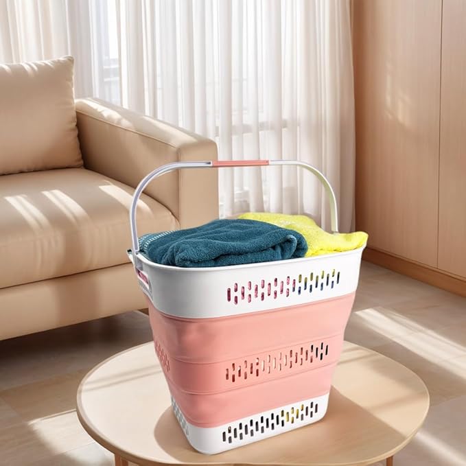 SAMMART 40L (10.5 Gallon) Collapsible Plastic Laundry Basket with Handles - Foldable Pop Up Storage Container/Organizer - Portable Laundry Hamper - Space Saving (2, Quartz Pink+Little Boy Blu)
