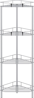 4 Tier Floor Standing Corner Shower Caddy Organizer Shelf with Hooks, Bathroom Shelves Stand Rack, Silver