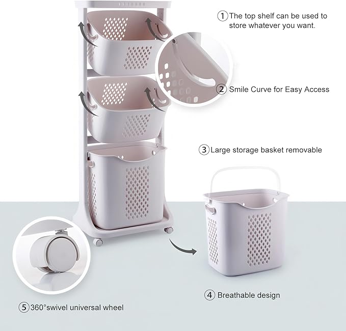 4 Tier Laundry Hamper Sorter, Vertical Rolling Laundry Storage Organizer Hamper Cart with Wheels for Kitchens Bathrooms Bedrooms Dorm