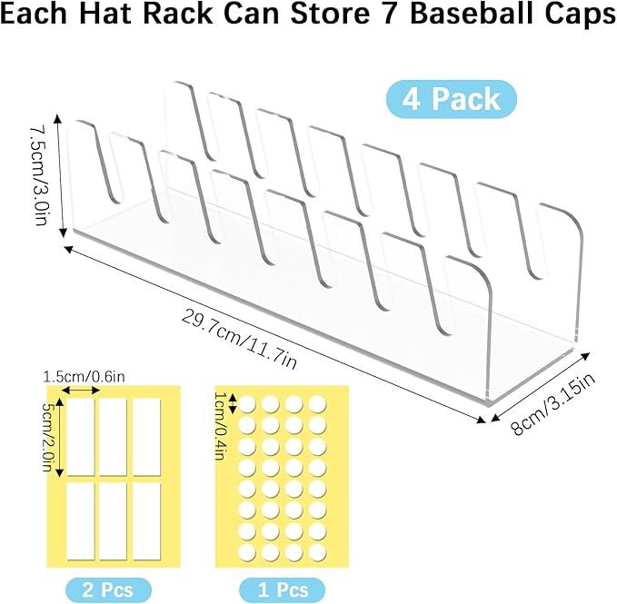 4 Pack Hat Storage Organizer for Baseball Caps - Acrylic Hat Display Rack for 28 Ball Caps, No Install Hats Stand Shelf for Trucker and Golf Cap, Hats Holder for Closet, Bedroom (Clear)