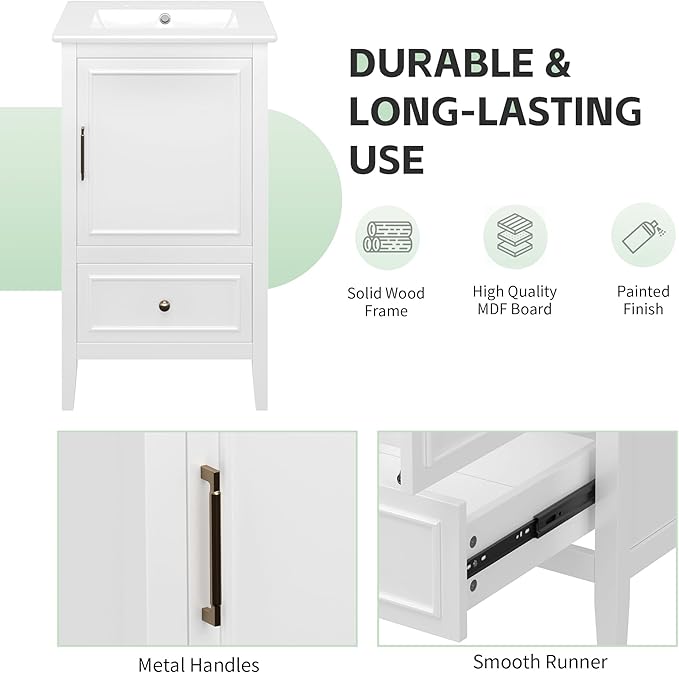 20 in Small Bathroom Vanity with Sink,Solid Wood Modern Single Bathroom Sink Cabinet with Soft Closing Door and Drawer,Freestanding White
