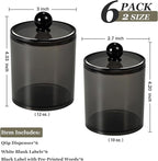 SheeChung 6 Pack Qtip Holder,Black Qtip Dispenser Apothecary Jars with Lids for Cotton Swabs,Balls,Pads,12oz & 10oz Acrylic Bathroom Organizer Set - Shatterproof Minimalist Clear Storage Canisters