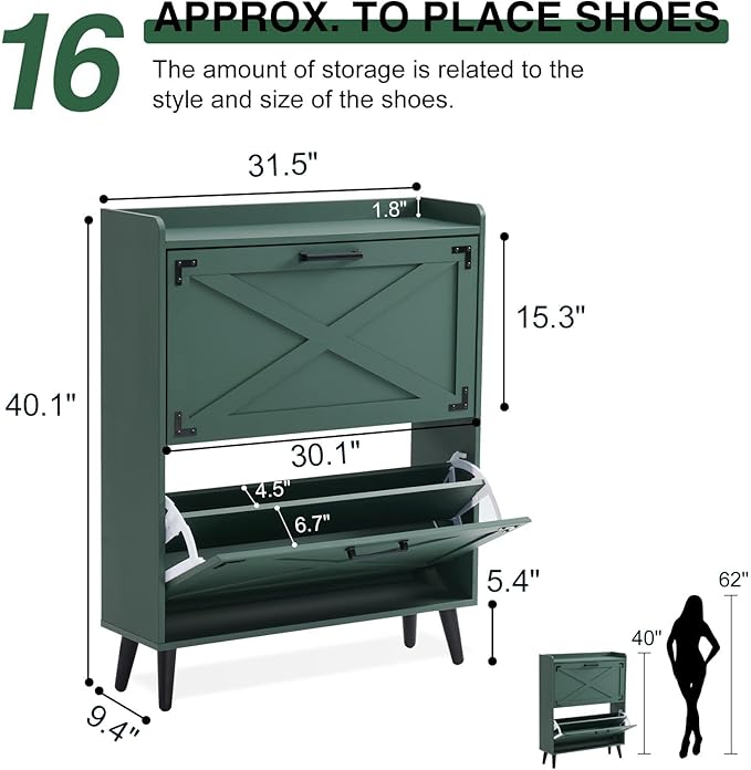 Shoe Storage Cabinet,Farmhouse Shoe Organizer with 2 Flip Drawers & Barn Door Design,Freestanding Hidden Slim Narrow Shoe Rack Cabinet for Entryway,Foyer,Hallway,Green