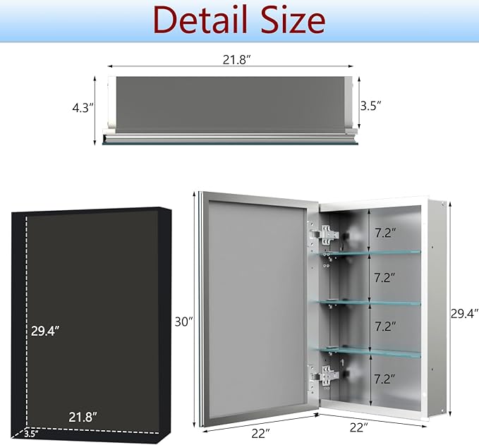 Medicine Cabinet with Mirror of Storage, 22x30 inch Aluminum Bathroom Cabinet, Assembly Needed, Surface Mount or Recessed Wall Cabinet with Adjustable Glass Shelves for Bathroom Bedroom