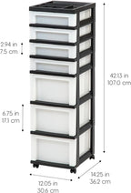 IRIS USA Plastic Drawer Storage Organizer Rolling Cart, with Wheels Casters, 2-Pack, 7-Drawers, for Classroom Art Craft Supplies Dresser Closet Bathroom Laundry Room, Black/Pearl