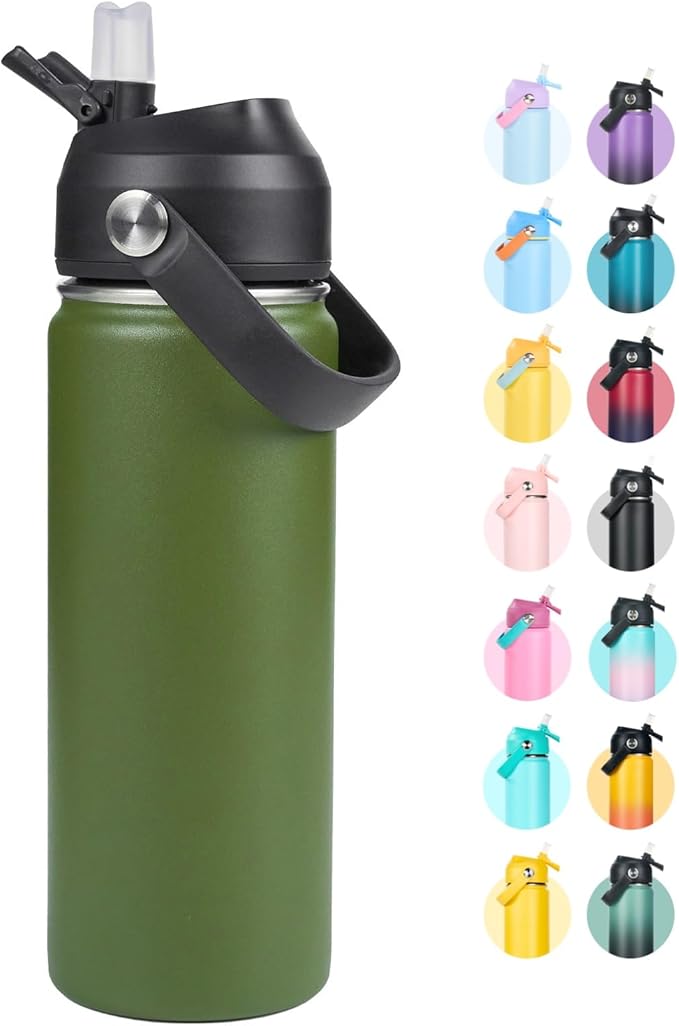 32oz Insulated Stainless Steel Water Bottle, Wide Mouth Double Wall Vacuum, Silicone Straw, Sweat & Leak Proof, BPA Free Insulated Water Flask for Travel, Keep Cold 24h Hot 12h, Green