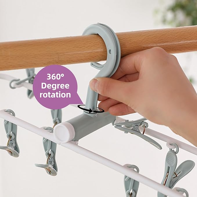 2 Pack Clothes Drying Rack, Laundry Drying Rack with 12 Clips, 360° Rotatable Hook Windproof Sock Hanger, Small Foldable Portable Hangers for Drying Bras Underwear Baby Clothes Gloves