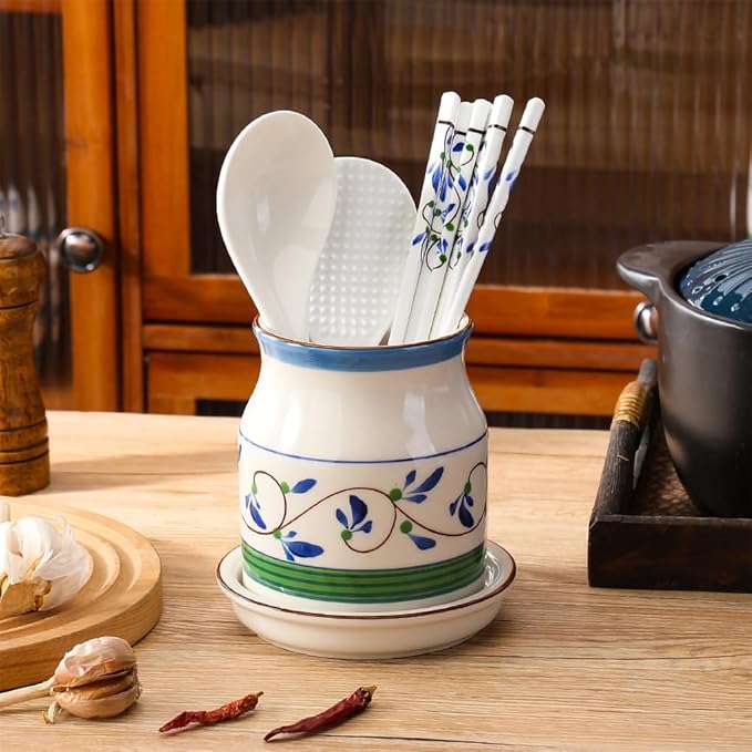 WAIT FLY Flower Pattern Porcelain Kitchen Utensil Holder with Bottom Flatware Storage Organizer Utensil Crock for Countertop Kitchen Counter Decor-Green