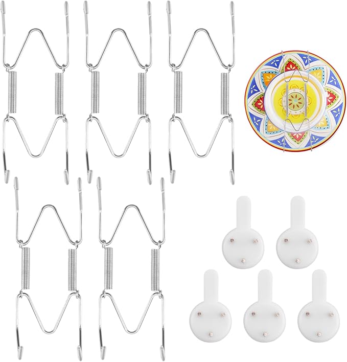 5 Pack Plate Hangers for Wall, Suitable for 4-5 inch Art Plate, Stainless Steel Invisible Heavy-Duty Wire Plate Holder with Wall Hooks, Display Hanger for Decorative Plates/Dishes/Platters(Silver)