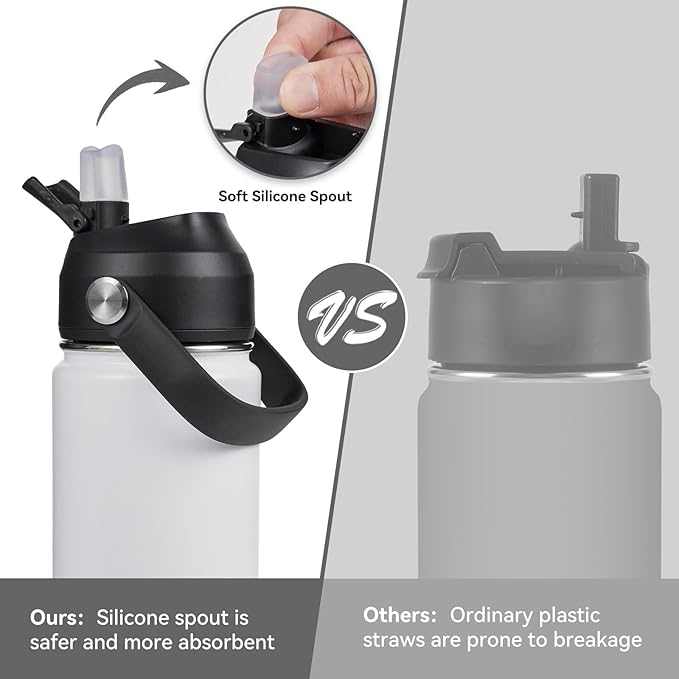 24oz Insulated Stainless Steel Water Bottle, Wide Mouth Double Wall Vacuum, Silicone Straw, Sweat & Leak Proof, BPA Free Insulated Water Flask for Travel, Keep Cold 24h Hot 12h, White