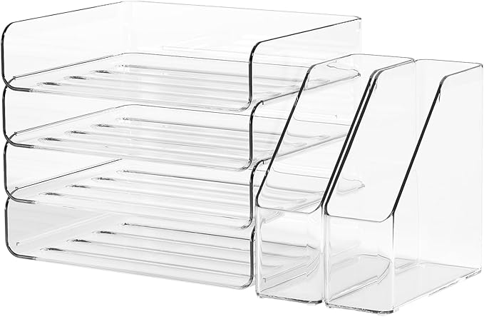 4-Tier Horizontal Acrylic Paper Tray Organizer with Bookends | Clear Stackable Desk Organizer for Documents, Letters, A4 Paper | Modern Office/Classroom/Home Organization