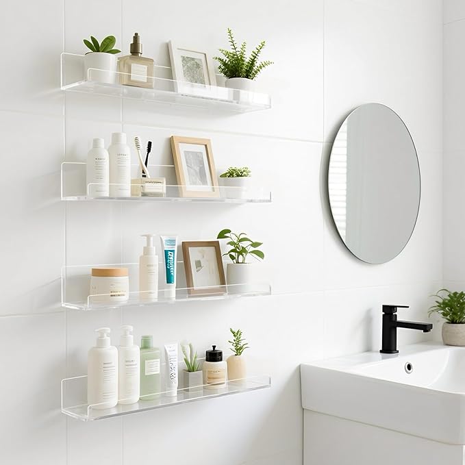 Acrylic Shelf Set 4 Pack Wall Ledge Shelves Display Bookshelf Bathroom Shelves Wall Mounted Picture Shelf Ledges for Bathroom Living Room Bedroom Kitchen(Clear)