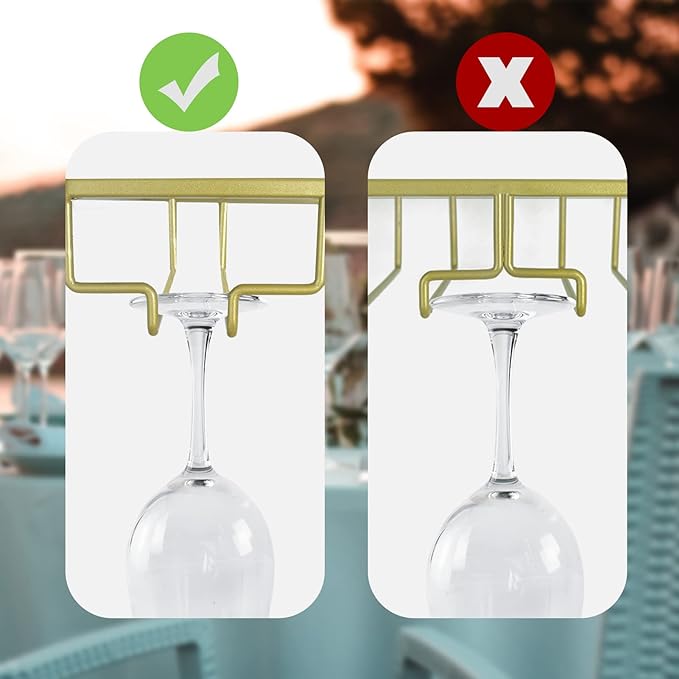 Adjustable Under Cabinet Stemware Holder - Metal Wine Glass Hanger Organizer for Kitchen, Bar, Shelf - Rustproof Hanging Storage Rack for 6-8 Glasses - Space Saving Decor (Gold, 4 Rows)