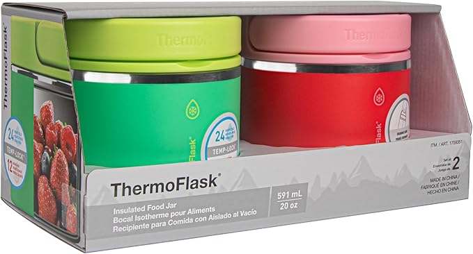 ThermoFlask 20 oz Double Wall Insulated Food Jar, 2-Pack, Raspberry + Candy Pink / Shamrock + Citron