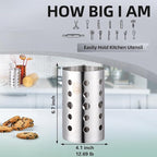 QRU Kitchen Utensil Holder for Countertop (H6.7” x W4.1”), Stainless Steel Cooking Utensil Caddy for Tools, Spatulas, Spoons, Silverware & More, Cooking Utensil Organizer, Kitchen Decor (Silver)
