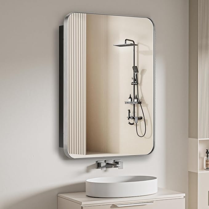 16" x 20" Bathroom Medicine Cabinet with Mirror Door, Brushed Nickel Stainless Steel Frame, Recessed or Surface Mounted,Storage Cabinet with Adjustable Metal Shelves,Upgraded Version