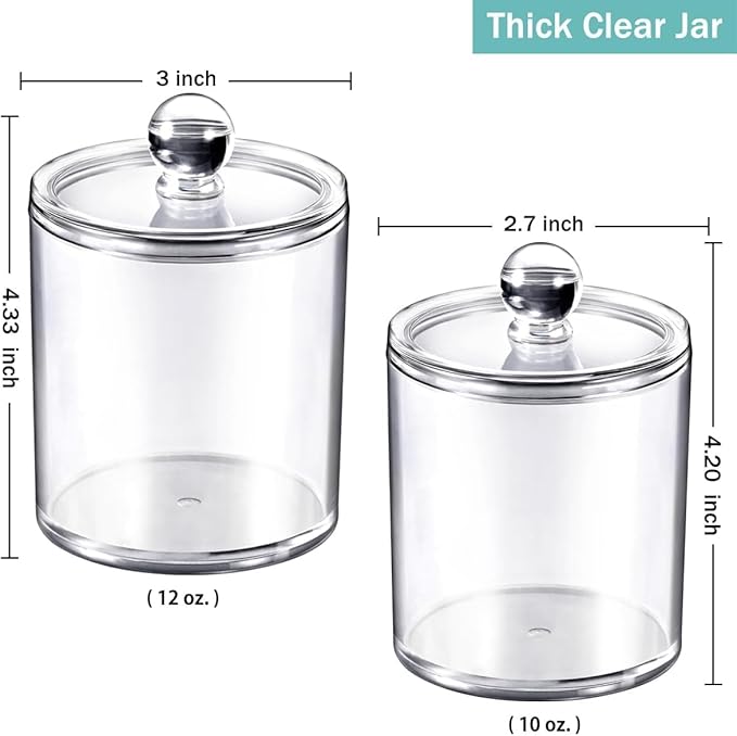 SheeChung 2 Pack(10oz&12oz) Clear Acrylic Qtip Holder Dispenser - Shatterproof Plastic Apothecary Jars for Bathroom Organization - Vanity Storage Canisters for Cotton Swabs,Balls,Pads,Q-Tips