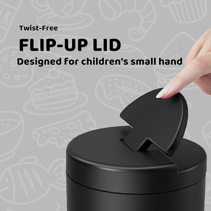 12oz Soup Thermo for Hot Food Kids Vacuum Insulated Food Jar Twist-Free Soup Thermo for Hot Food Kids Leakproof Stainless Steel Wide Mouth Lunch Container (Black)