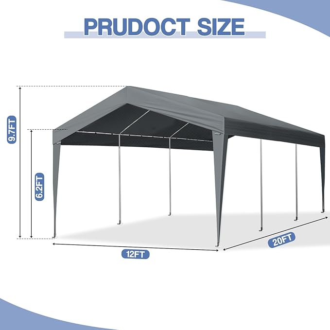 VINGLI 12x20 Carport Canopy with Galvanized Steel Frame, Portable Heavy Duty Garage with Water-Proof Covers for Cars, Boats, Trucks, Dark Gray