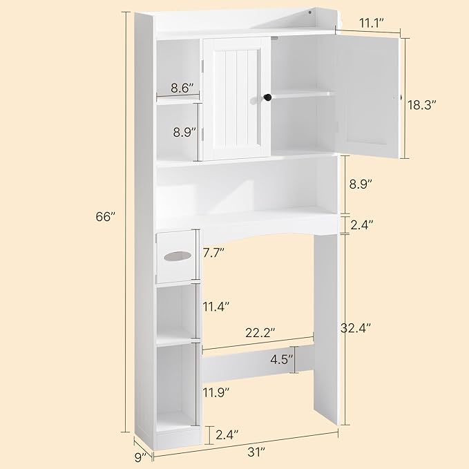 Gizoon 66''H Over The Toilet Storage Cabinet, Over Toilet Storage Cabinet White, Over Toilet Bathroom Organizer, with 2 Doors, Adjustable Shelf, for Bathroom, Laundry, White