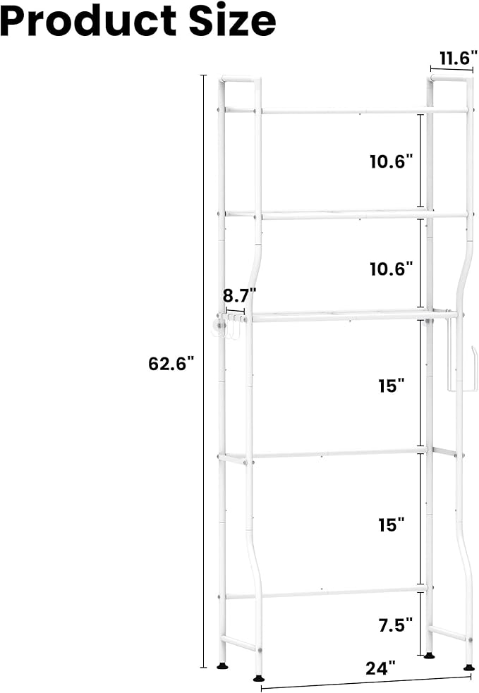 Over The Toilet Storage, 3-Tier Heavy Duty Metal Bathroom Organizer and Storage Rack, Space-Saving Above Toilet Cabinet Shelf with Paper Holder & 4 Hooks, White