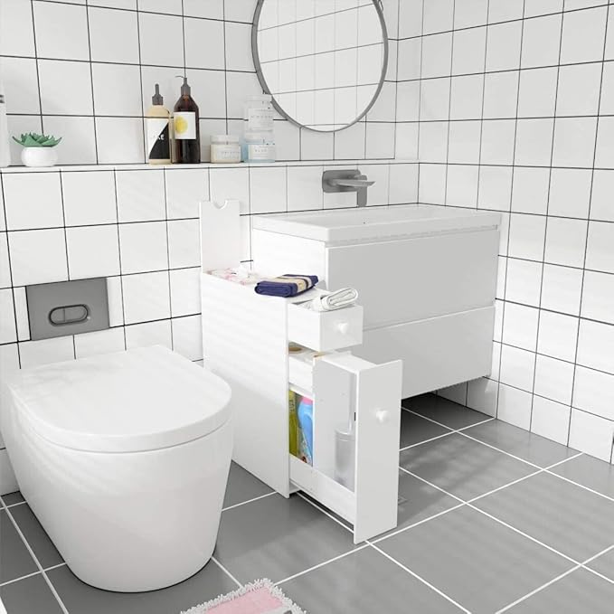 White Slim Bathroom Cabinet Toilet Paper Storage, 18.89”D X 22.83”H X 6.69”W Free Standing Under Sink And Slide Out Drawer Organizer - Narrow Cabinets Shelves For Pantry, Kitchen