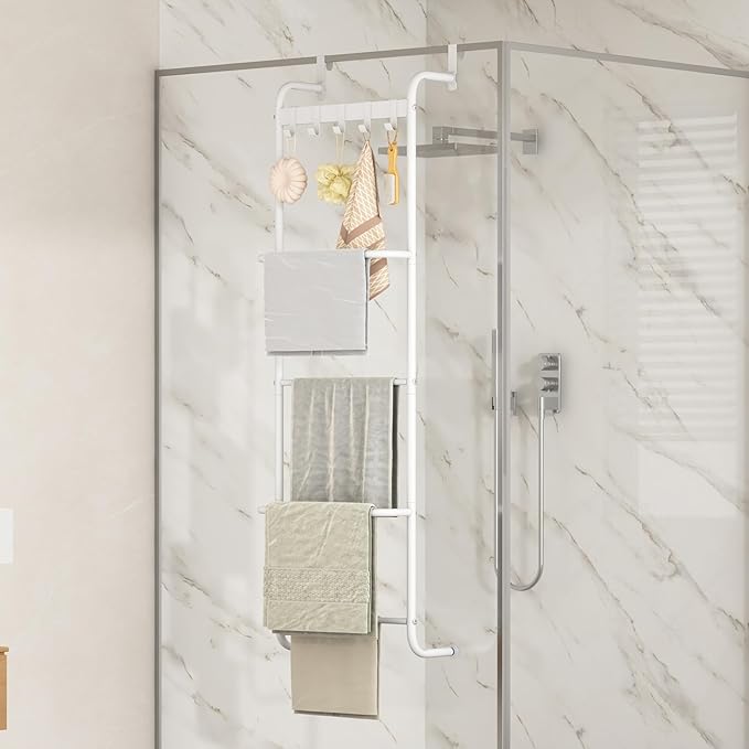 5 Tier Over The Door Towel Racks for Bathroom Wet Towel Drying Rack Clothing Storage Holder with Hooks (White, 5 Tier)