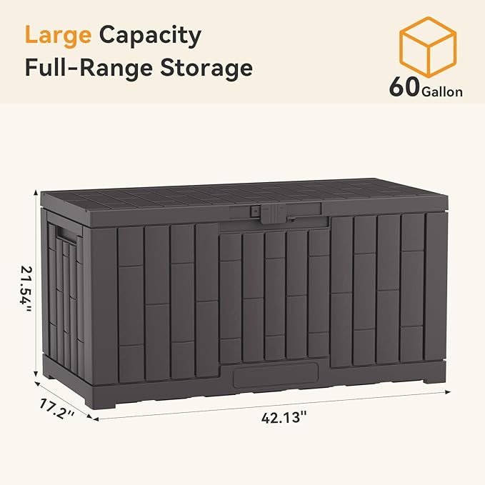 DUMOS 60 Gallon Deck Box, UV Resistant Waterproof Storage Bin for Patio Cushions Gardening Tools, Lockable Resin Outdoor Storage Box with Hundles, Brown