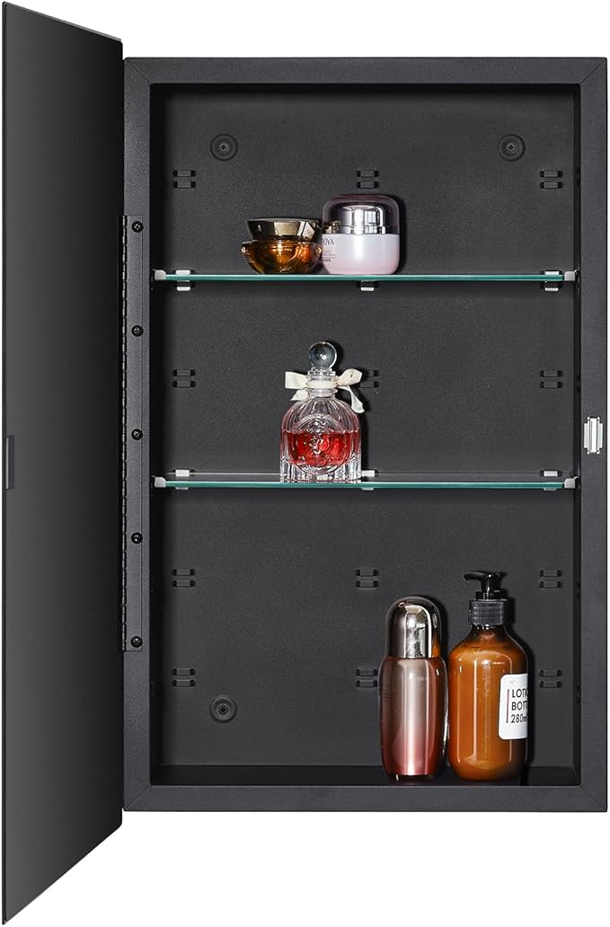 Black Bathroom Medicine Cabinet with Beveled Edge Mirrored Door 15 x 24 inch, Recessed or Surface Mount, with Adjustable Glass Shelves