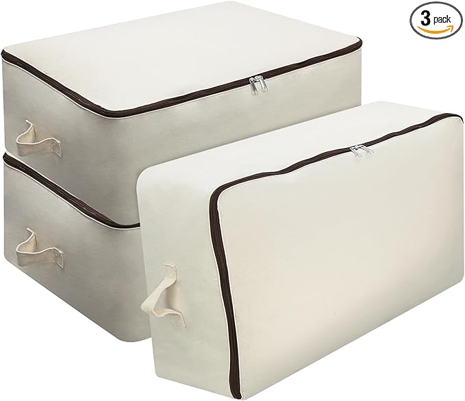 Omygarden 3 Pack Clothes Storage Bag Organizer with Sturdy Zipper for Quilts, Sweaters, Beddings, Blanket, Blouses and More, Beige