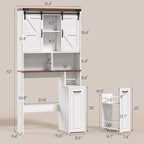 Farmhouse Over The Toilet Storage Cabinet with Pulley, Slide Barn Doors Bathroom Storage Cabinet, Space Saver W/Adjustable Shelf & Open Shelf for Bathroom, Restroom, Laundry (White Brown-Type A)