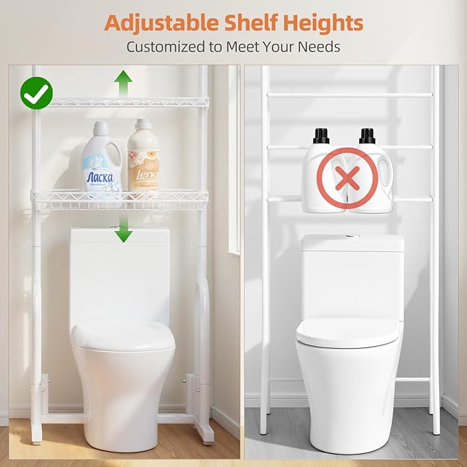 EAGMAK Over The Toilet Storage Rack, 4-Tier Bathroom Organizer with Adjustable Shelves & Basket, Rust-Resistant Metal Over Toilet Shelf for Small Bathroom Space Saving, White