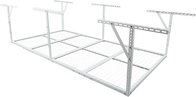 4 X 8 FT Garage Ceiling Storage Racks, Heavy Duty Overhead Garage Storages Rack with Adjustable Hight, Metal Hanging Garages Storage Rack with Support Rod, 22''- 40" Adjustable, 600 LBS (White, 4x8FT)