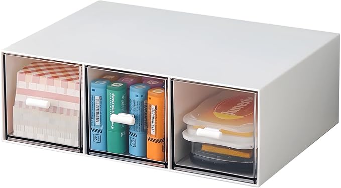 Desktop Drawers, Desk Organizer with 3 Drawers, Stackable Plastic Storage Box for Home Collection, Cosmetics, Jewelry, Office Supplies (1 Tall Layer, White)