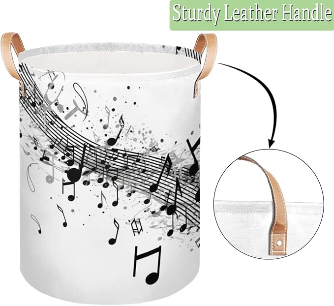 Musical Notes and Clef Sheet Print Collapsible Laundry Basket Large Laundry Hamper Waterproof Foldable Storage Bins Laundry Basket with Leather Handles Clothes Nursery Hampers