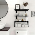 Bathroom Shelves Over Toilet, Set of 3 Wall Mounted Floating Shelves with Storage Basket Rustic Wood Shelf for Home Organization, Wall Decor for Bathroom, Kitchen, Living Room. (Black)