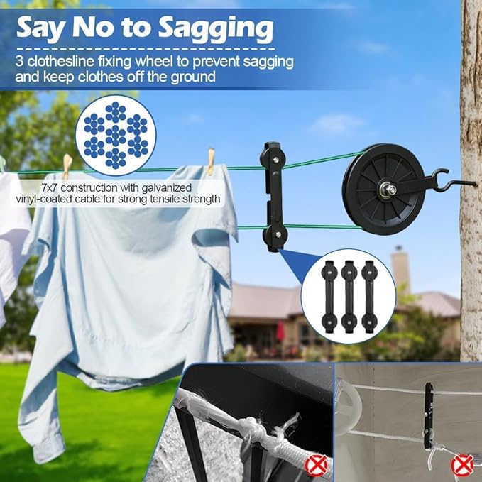 Outdoor Clothesline Kit, 150ft Green PVC Coated Galvanized Clothes Line Pulley Kit with 6.3" Clothesline Pulley, M8 Metal Hooks, 3Pcs Separator, Outdoor Clothes Line Heavy Duty
