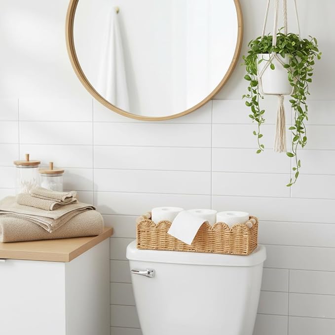 Toilet Paper Storage Basket,Wicker Baskets with Wood Handles,Toilet Tank Basket for Organizing,Scalloped Basket for Bedroom Nursery Room Kitchen Bathroom (2PC)