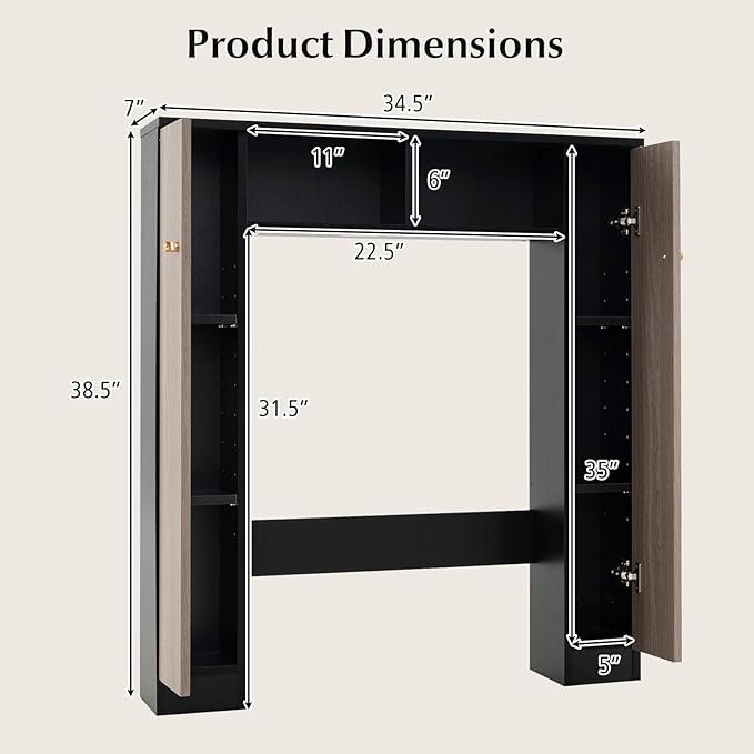 Tangkula Over The Toilet Storage Cabinet, Freestanding Above Toilet Organizer w/ 10-Level Adjustable Shelves & Crossbar, Anti-Tipping Device Included, Bathroom Space Saver (Modern, Black)