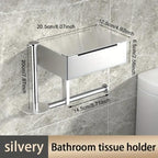 Modern Wall Mount Toilet Paper Holder with Storage Box, Silver Metal, Double Roll Capacity, Phone Shelf, 8.07x4.92x2.56 Inch